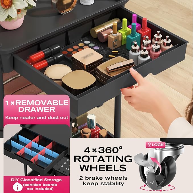 Goovilla Rolling Makeup Organizer Cart with Removable Drawer, 4 Tier Black | Stable Floor Skincare Storage Cart for Vanity, Cosmetic Display, Nail Polish, Perfume, Hair Stuff, Beauty, Bathroom(Plastic) - Image 3