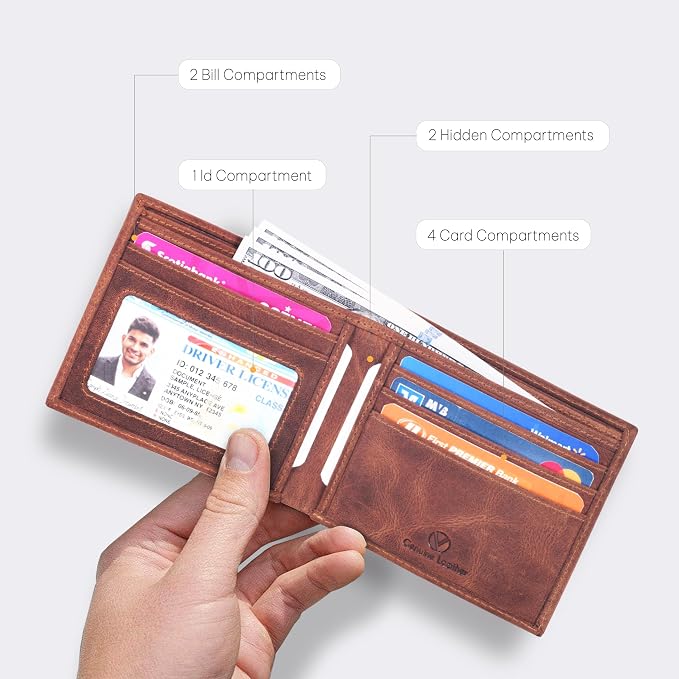 VALENCHI Genuine/Real Leather Bifold Wallet For Men - RFID Blocking/Protected Men's Slim Wallet - Christmas Gifts For Men (Cognac Vintage BF01) - Image 2