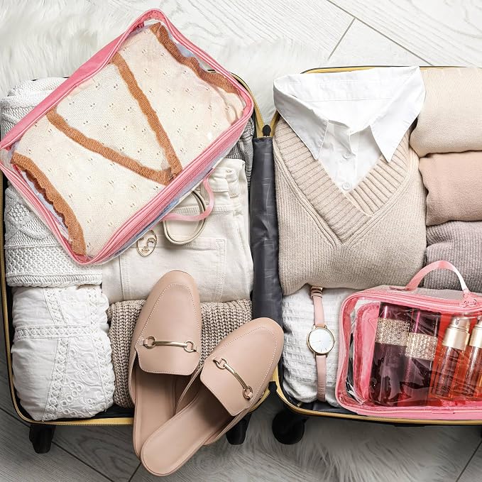Hillban 6 Pcs Pink Large Clear Travel Packing Cube 3 Sizes See Through PVC Organizer for Suitcase Multipurpose Pouch with Handle Vinyl Zippered Storage Bags Luggage Cube Organizer - Image 6
