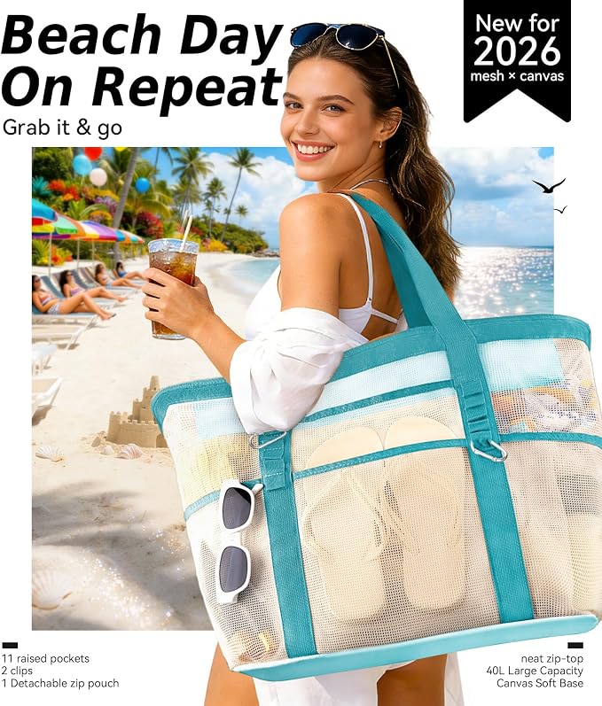 Chic Cruise Essentials Beach Bag for Women, Large Zip Top Tote, 11 Pockets | 40L+ Spacious;Mesh × Canvas;Zipper Pouch;Secure Zip-Top;Sand-Resistant Base - Image 2