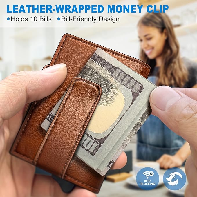 Wallet for Men, Slim Pop Up Card Holder with RFID Blocking, Minimalist Bifold Wallet with 10 Card Slots, 2 ID Window and Money Clip, Metal Flip Case with Magnetic Closure, Gift Box - Image 5