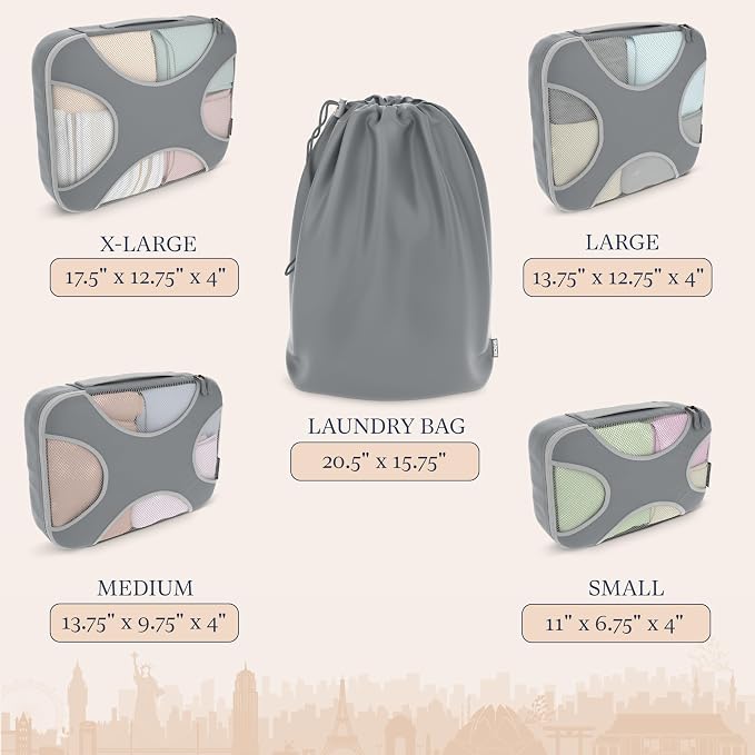 Shacke 5 Set Packing Cubes for Travel with Laundry Bag (Charcoal Gray) | Suitcase Organizer Bags Set: 4 Water-Resistant Luggage Cubes, XL to Small, + Laundry Bag for Carry-On or Checked - Image 4