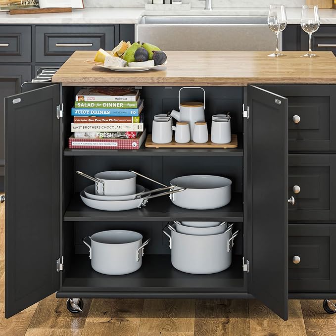 Homestyles Dolly Madison Black Mobile Kitchen Island Cart with Wood Drop Leaf Breakfast Bar - Image 9