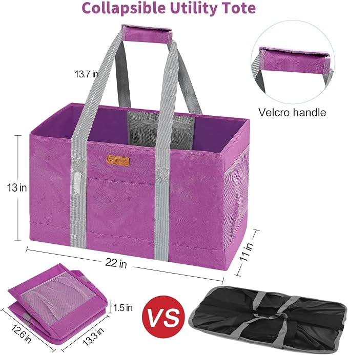WONDAY RoseRed Foldable Utility Tote Bag, Reusable Grocery Bag | 22x11x13in, holds 50lbs, 600D Oxford fabric with PP board bottom, folds flat, side panels only, not self-standing - Image 6