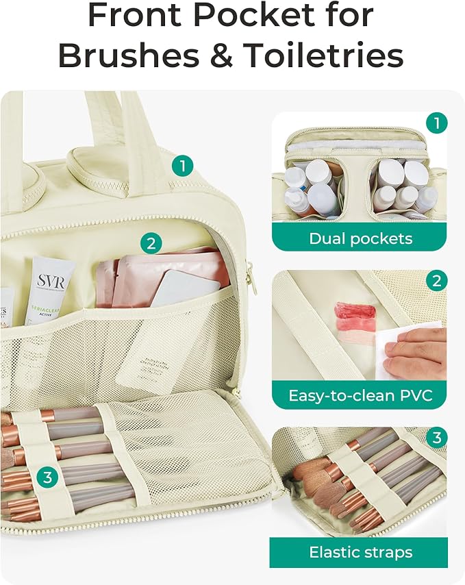 BAGSMART Travel Toiletry Bag, Crush Toiletry Bag for Women, Wide-open Puffy Toiletry Bags for Traveling, Large Travel Cosmetic Makeup Bag Organizer for Accessories,Toiletrie, Beige - Image 5