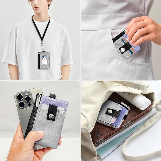 Minimalist RFID Blocking Small Wallet with ID Window,WaterResistant Zip Id Case Wallet with Lanyard Keychain for Cards,Cash,Travel,Women,Men (Light Gray/Lavender Purple) - Image 9