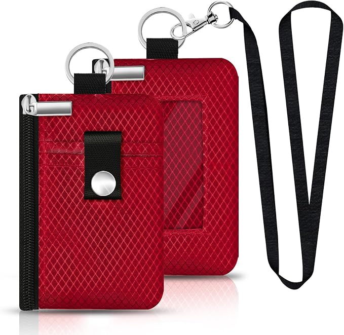 Minimalist RFID Blocking Small Wallet with ID Window,WaterResistant Zip Id Case Wallet with Lanyard Keychain for Cards,Cash,Travel,Women,Men (Red) - Image 3