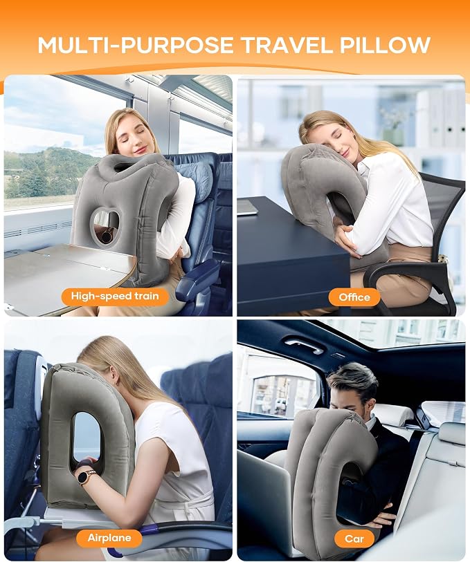 Sunany Travel Pillow, Upgraded Plane Pillow for Long Flights, Inflatable Neck Pillow Used for Airplanes,Cars,Buses,Trains,Office Napping with Eye Mask,Earplugs (Gray) - Image 7