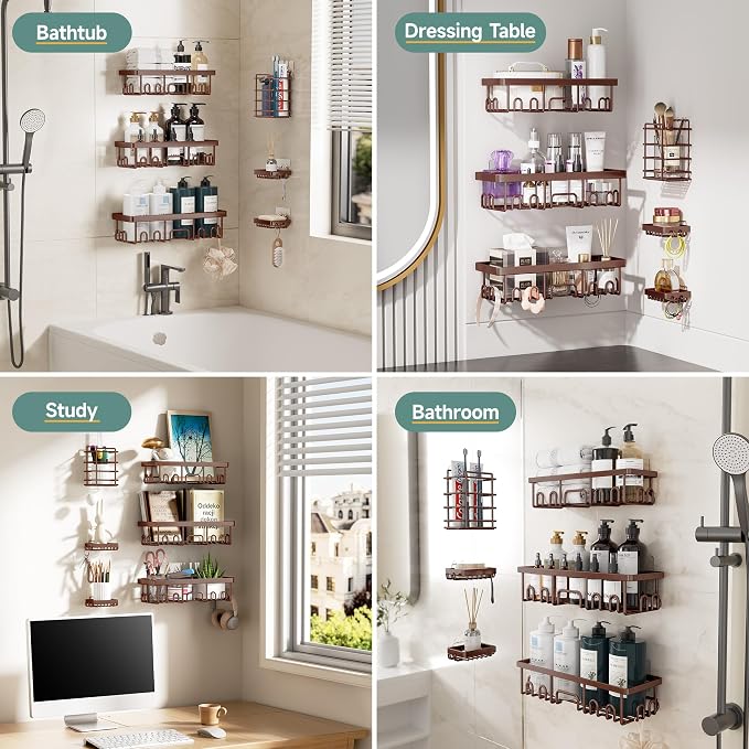 Veken Shower Caddy 6-Pack, No Drilling & Rustproof, Waterproof Adhesive Shelves Rack with Soap Holder, Large Capacity Bathroom Organizers and Storage, Wall-Mounted Kitchen & Home Decor - Image 8