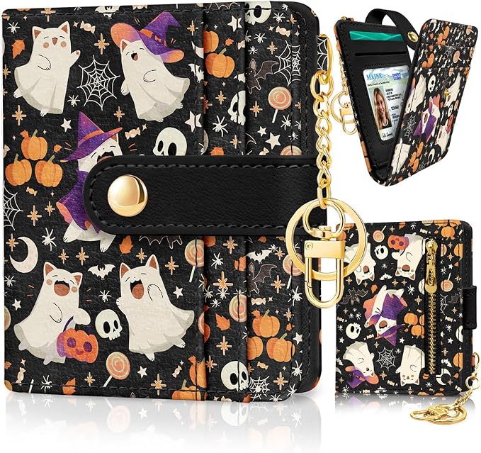 Jogjam Halloween Cute Cat Rfid Women Wallet, Small Slim Credit Card Holder | PU Leather Bifold Cash Zipper Coin Pocket ID Window, for Female Ladies Teen Girls Girly Gifts by Jogjam