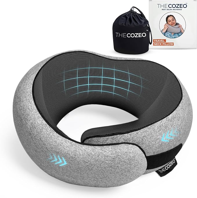 The Cozeo™ Travel Neck Pillow, 100% Pure Memory Foam Airplane Neck Pillow with Eye Mask & Earplug, Ideal for Long Flight, Car Road Trip Essentials & Sleeping | Suitable for Adults & Kids - Gray by THECOZEO%E2%84%A2