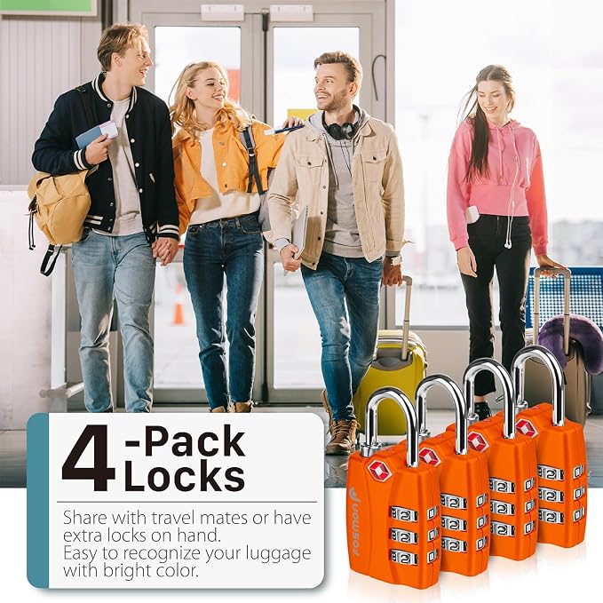 Fosmon TSA Approved Luggage Locks, 3 Digit Combination, 4 Pack Orange | Open Alert Indicator, Suitcase Travel Lock, Gym Locker Padlock, Travel Bag Zipper, Secure Combination - Image 8