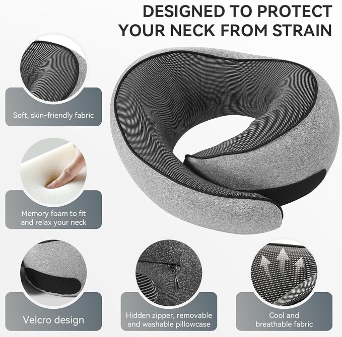 SZXYX Neck Travel Pillows - 100% Pure Memory Foam Neck Pillow for Airplanes, Comfortable Breathable Cover, 360° Support Stowable Pillows for Sleeping, Car, Airport Travel Essentials, Heather Gray - Image 6