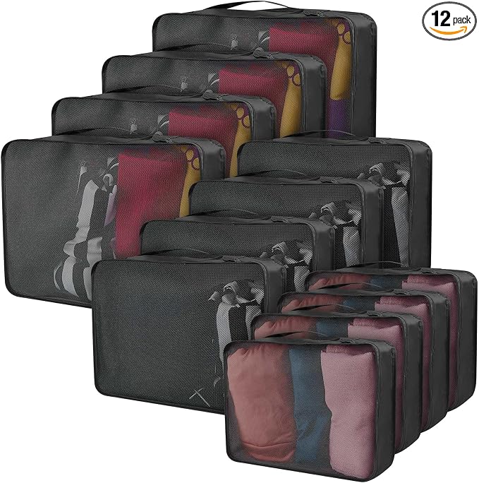 Silkfly 12 Pcs Packing Cubes for Suitcase Travel Luggage Bags Bulk Mesh Organizer Set for Hiking Camping Backpacking Clothes Accessories (Black,XL, L, M Size) by Silkfly