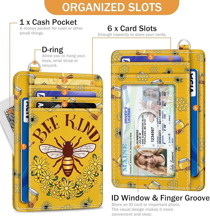 Yonlevres Bee Credit Card Holder Slim RFID Wallet Women Small Travel Cute | Front Pocket, Handy, RFID Blocking, Woman Girls Ladies Gifts, D-ring for Keychain,Thin Mini Card Case, ID Window, PU Leather - Image 4