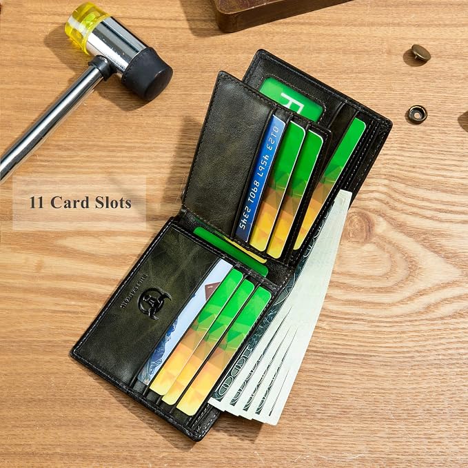 BULLCAPTAIN RFID Wallets for Men,Genuine Leather Wallet QB-05（Forest Green | Slim,Bifold,Front Pocket Wallet, 2 ID Windows,11 Card Slots,RFID Blocking TechnologyGift Choice - Image 4
