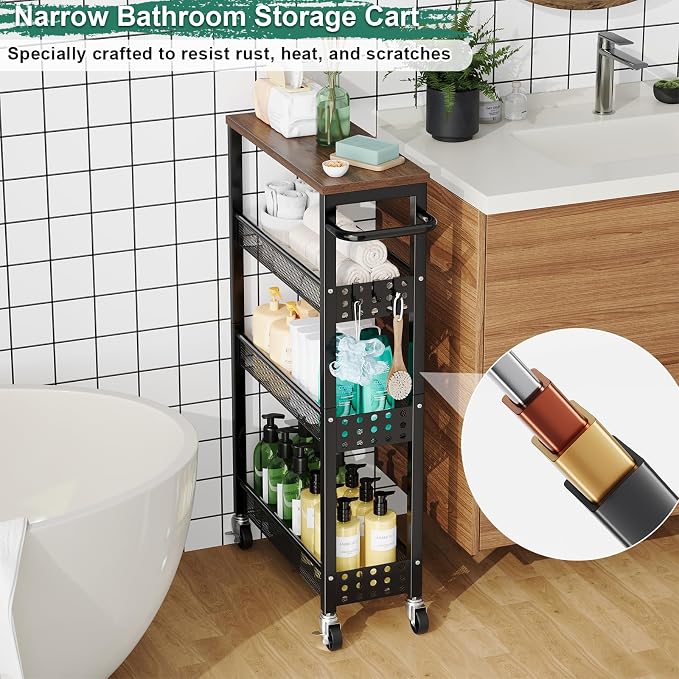 4 Tier Slim Rolling Cart with Wheels for Between Washer and Dryer Storage | Black Metal Rolling Spice Rack Next to Fridge, Narrow Kitchen Cabinet for Small Spaces, Laundry Room Organizer Carts - Image 8