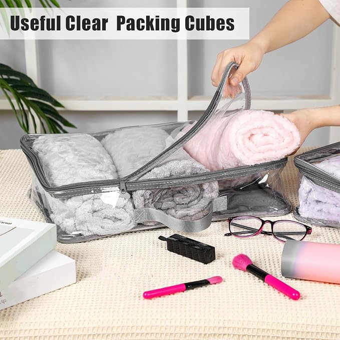 6 Pieces Large Clear Travel Packing Cube Clear Vinyl Zippered Storage Bags See Through Moving Bag PVC Multipurpose Pouch with Handle for Suitcase Shirts Dress Storage (Gray, 15.8 x 10.2 x 3.9 Inch) - Image 4