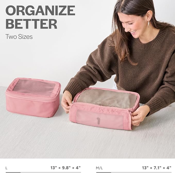 Compression Packing Cubes for Travel, 2-Pack, Pink | Solves overpacking, 2-Piece set fits most carry-ons, 50% Space savings, Compression luggage organizer bags - Image 3