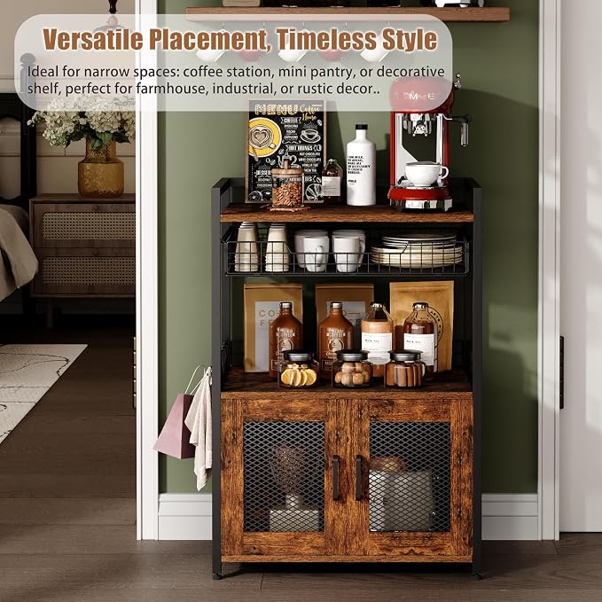 Hencawima Coffee Bar Cabinet, 3 Tier Coffee Station Table on Wheels, 35.9" H Bar Cart with Wire Basket Drawer & 5 Hooks for Home Kitchen, Liquor Buffet Sideboard Cabinet (Rustic Brown) - Image 7