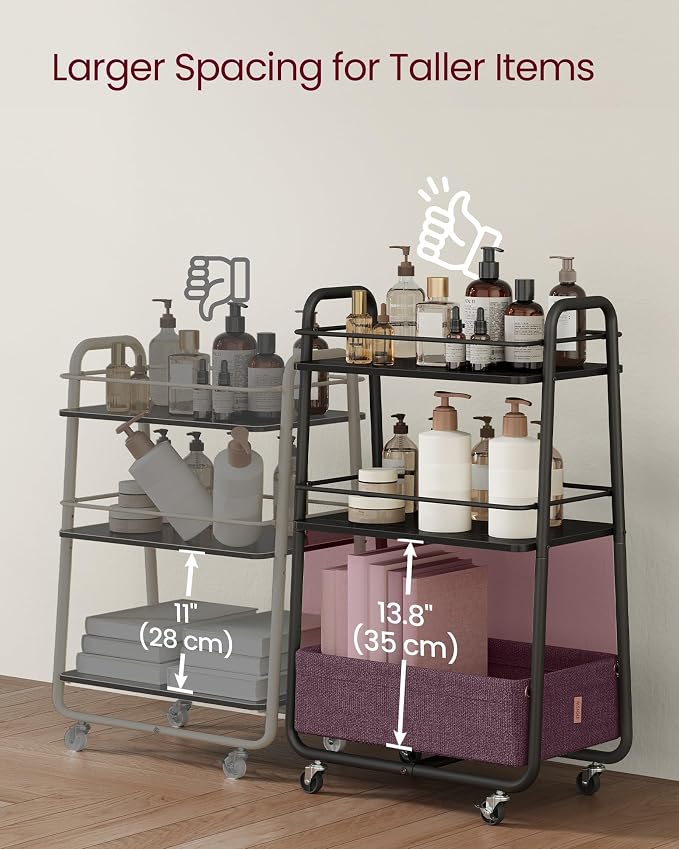 VASAGLE Storage Cart with Fabric Basket, 3-Tier Rolling Utility Cart | Cart with Wheels and Shelves, for Living Room, Bedroom, Kitchen, Ebony Black, LILEA Collection ULRC001BE02 - Image 4