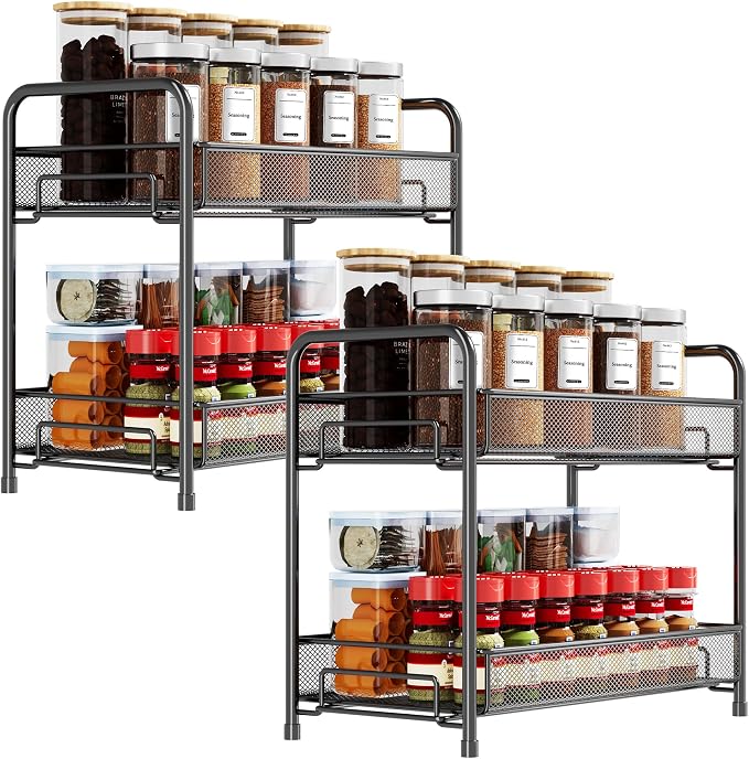 Spice Rack Organizer for Countertop 2 Pack, 2-Tier Counter Foldable Metal Standing Large Seasoning Storage Shelf for Kitchen Cabinet Bathroom Living Room Pantry Office, Black by Xpatee