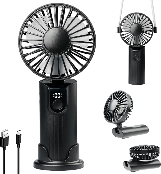 Portable Handheld Fan 5000mAh, Rechargeable Mini Fan with LED Display, 180° Foldable Small Desk Fan, 4 Speeds Quiet Personal Fan for Travel Makeup Office Outdoor - Black by YIYEDWQ