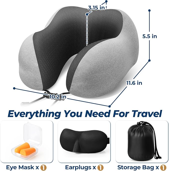ExploreBliss Travel Pillow, Neck Pillow Airplane, Light Grey | Travel Pillows for Airplanes, Neck Pillow Airplane, Memory Foam Neck Pillow Set with Eye Mask, Earplugs - Image 2
