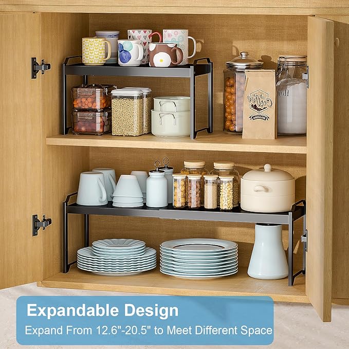 Expandable Cabinet Shelf Organizer, Adjustable kitchen Countertop Storage | 2 Pack Stackable Metal Kitchen Cabinet Countertop Storage Shelves, Heavy Duty Counter Cupboard Pantry Organizers, 20.5" Long - Image 3