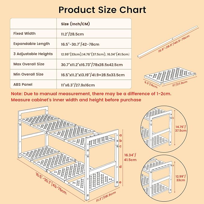 Under Sink Organizer and Storage 16.5"-30.7" Expandable Length, Adjustable Height Max 16.7" Under Sink Shelf 2 Tier with Removable ABS Panels Metal Frame for Bathroom Kitchen Pantry Cabitnet Pot Pan - Image 4