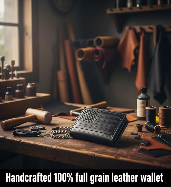 F&L CLASSIC RFID Blocking Men's Tri-fold Vintage Biker Cowhide Leather Steel Chain Wallet,Snap closure, black, flag,315-200 - Image 4