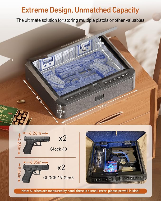 BILLCONCH Gun Safe for Handgun with Fingerprint, App, 0–9 Numeric Keypad | Smart Pistol Safe with 4 Quick-Access Methods, Built-in LED Light, Ideal Steel Biometric Handgun Safe for Nightstand and Home - Image 4