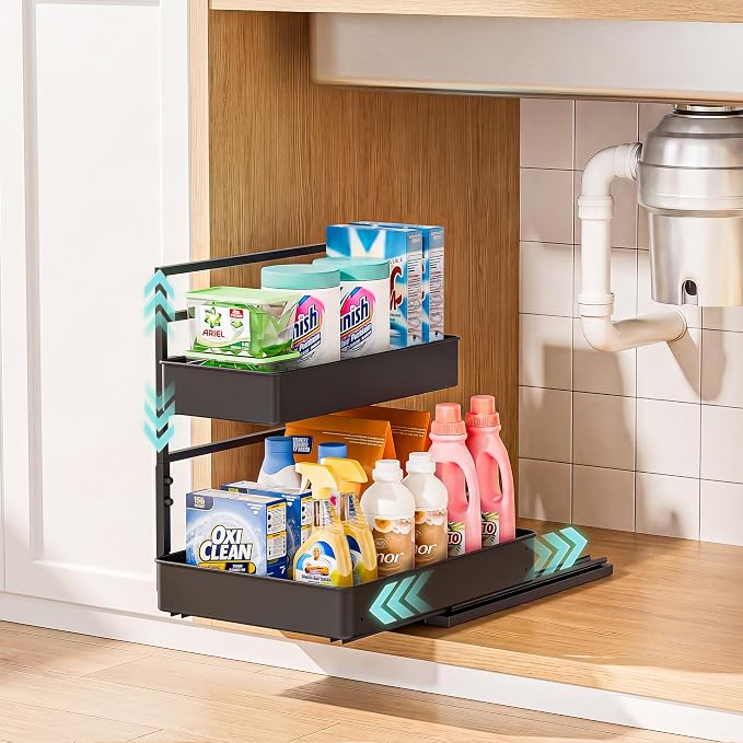 EVERIE Metal Pull Out Slide Shelf Organizer for Under Sink Organization in Kitchen, Bathroom, Counter, Cabinets, Minimum Available Space 13" Wide x 16.5" Deep (Black, 1 Set) by EVERIE