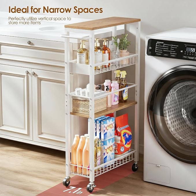 Slim Rolling Storage Cart, 4 Tier Narrow Storage Cart, 7.1in(W) | Metal Kitchen Rolling Cart for Small Spaces, Narrow Shelf for Kitchen, Laundry Room, Bathroom, Living Room - Image 2