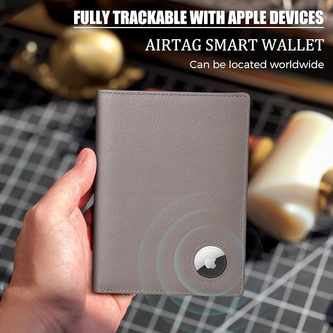 Polare Leather AirTag Passport Holder RFID Blocking Travel Bifold Wallet | Luxury Napa Cowhide Leather, AirTag Slot, Vintage Passport Cover Case, International Travel Wallet, Grey - Image 5