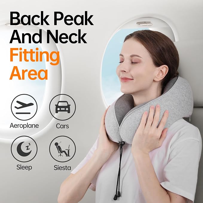 Travel Pillows for Airplanes,100% Pure Memory Foam Travel Neck Pillow | Washable Cotton Cover,Comes with 3D Eye Mask,Earplugs,Storage Bag,Ideal Travel Gift,Relieve Neck Pressure,Light Grey - Image 2