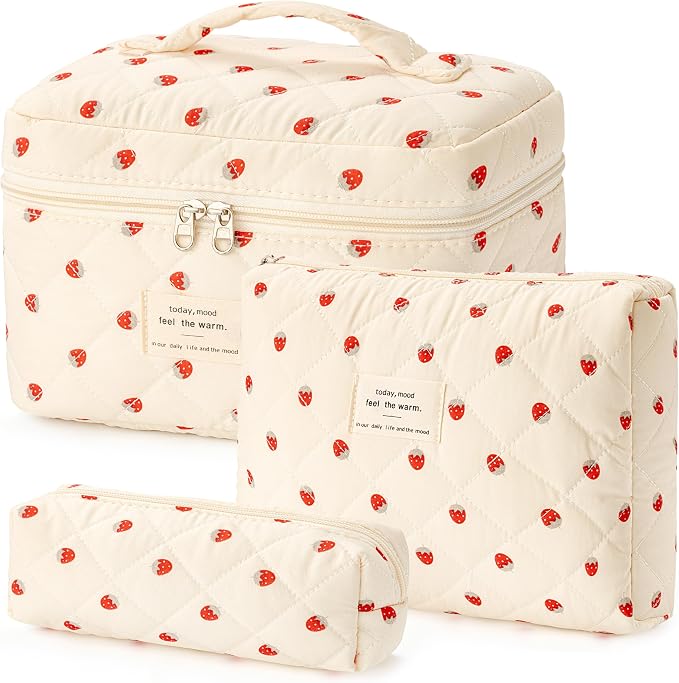 HBselect Quilted Makeup Bag, 3Pcs Cotton Large Travel Makeup Bags Organizer | Cute Floral Make up Bag Cosmetic Bag Toiletry Bag for Women Girls, Makeup Pouch for Skincare, Brushes & Travel Essentials by HBselect