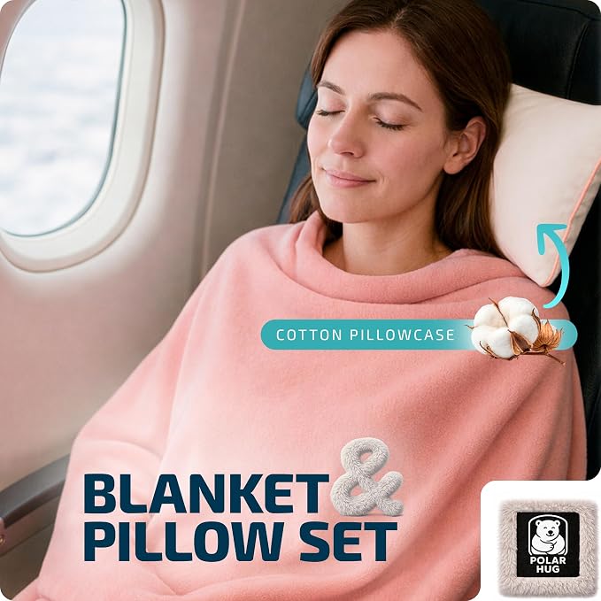 Travel Blanket and Pillow Set — Airplane Blanket with Inflatable Pillow and Cotton Case, Compact Travel Blanket with Back-Neck Snaps for Long Flights - Image 2