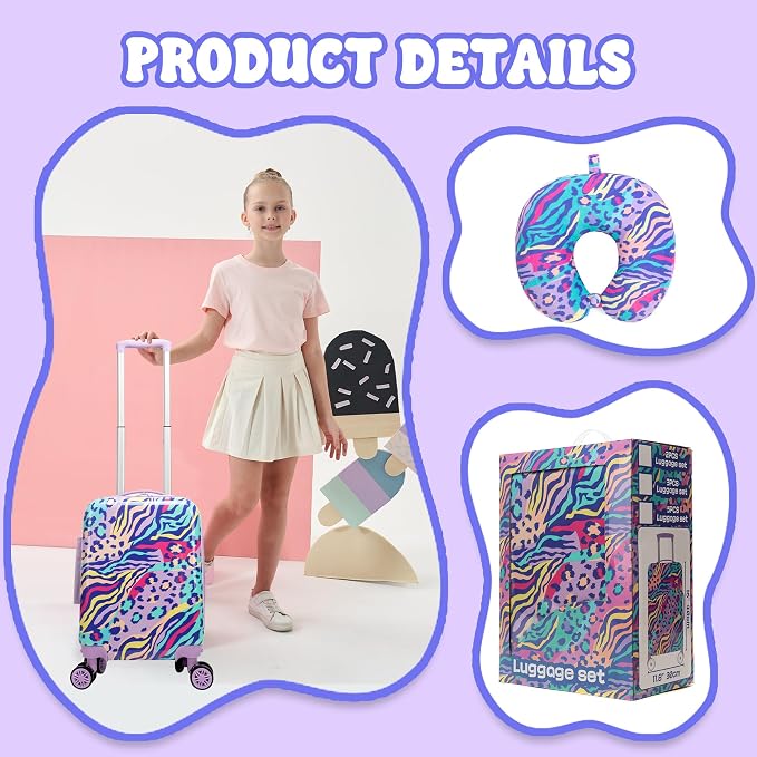 Kids Carry on Luggage Sets 2 Piece Rolling Suitcases for Girls Women with Wheels Suitcase with Travel Pillow Airplane Approved - Image 4