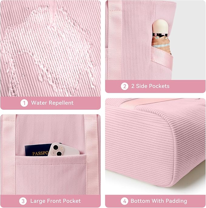 Tote Bag for Women, Casual Hobo Handbags with Compartments | Water Repellent Corduroy Large Capacity Fits 15.6" Laptop Zipper Closure for Travel Work School - Image 6