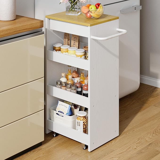 IRONCK Slim Storage Rolling Cart with Drawer and Handle, 11.8" W White | Wood Storage Cart on Wheels with Handle, 4 Tier Utility Cart Compact 11.8" Wide, Fits Kitchen Laundry Bathroom by IRONCK