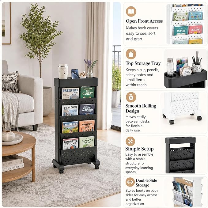 BYFU 5-Tier Movable Bookshelf Cart, 26.0" H, Black | Rolling Wheels, File Paper Storage Organizer, Mobile Bookcase, For Home Office Study Classroom - Image 5