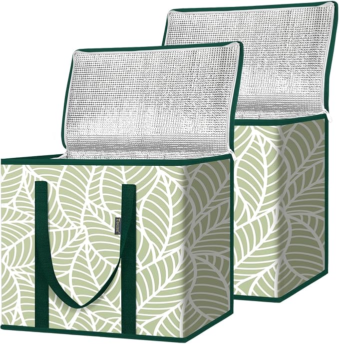 BALEINE 2Pk Insulated Reusable Grocery Bags, Collapsible Cooler Bag for Groceries, Heavy Duty Large Insulated Bag (16''x9''x13'', Antique Foliage) by BALEINE