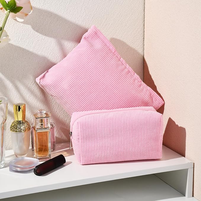 SOIDRAM 2 Pieces Makeup Bag Large Corduroy Cosmetic Bag Capacity Canvas Mix Travel Toiletry Bag Organizer Cute Makeup Brushes Aesthetic Accessories Storage Bag for Women,Corduroy Mix Hot Pink - Image 7