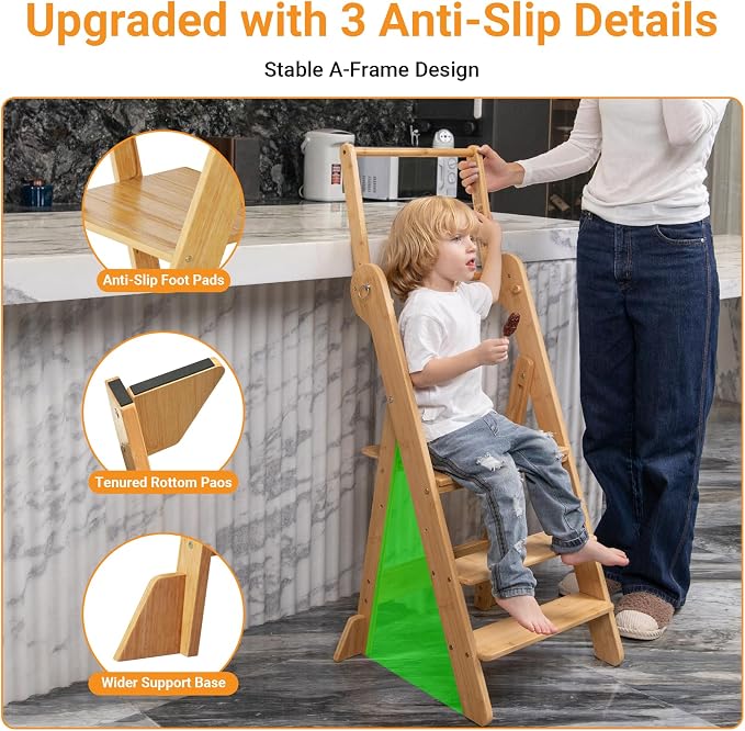 COSYLAND Toddler Standing Tower Foldable Toddler Kitchen Step Stool | Adjustable Height Folding Step Stool for Kids Learning and Cooking - Ages 18 Months to 6 Years with Safety Net Natural - Image 7