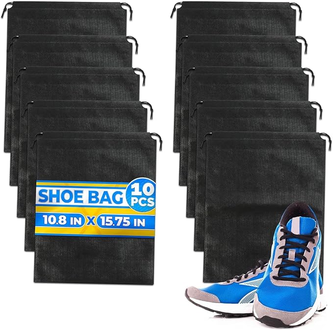 Shoe Bags for Travel, 10 Pack, 11.8"x15.75", Drawstring, Solid (Black) | Travel Shoe Backpack Set; Waterproof, Lightweight Fabric; for Luggage, Clothes, Gym, and Closet Organizing by TheLittleGreenChange