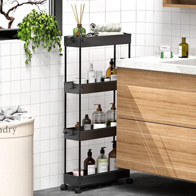 SPACEKEEPER Slim Rolling Storage Cart, 4 Tier Bathroom Cart Organizer,Black | Narrow Rolling Cart with Wheels for Kitchen Office Bathroom Laundry Room,Mobile Utility Cart for Craft Art Makeup Nail Polish - Image 5