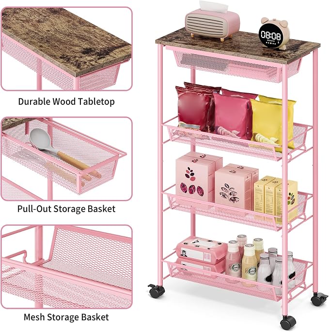KINGRACK 4-Tier Slim Storage Cart, Metal Rolling Cart, Organizer with Wooden Tabletop and Drawer Basket, Mobile Shelving Unit for Kitchen, Bathroom, Laundry Room, Pink - Image 3