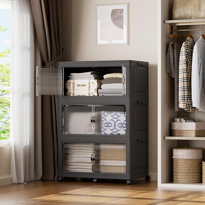 SAILUN 579Qt Stackable Storage Bins,Storage Cabinet with a Lid,3 Pack Black | Stackable Storage Drawers with Lids,33.5" W x 19" D x 53" H,Featuring open-front Access for Clothes and Closet Storage by SAILUN
