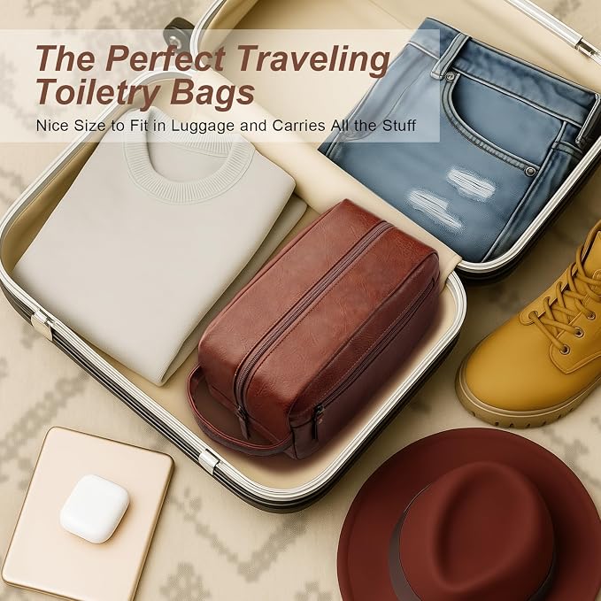 Travel Toiletry Bag for Men and Women, Travel Shaving Dopp Kit Water-resistant Bathroom Toiletries Organizer PU Leather Cosmetic Bags (Brown) - Image 5
